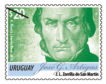 Rostro de Artigas ilustrado en tono verde.
