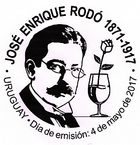 En el matasello aparece el busto de José Enrique Rodó y junto a él una copa conteniendo una flor.