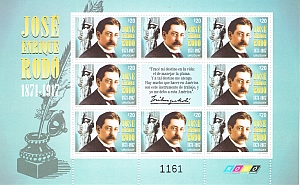 Plancha de sellos con la imagen de José Enrique Rodó