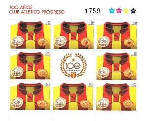 La plancha se compone de 8 sellos con una viñeta central donde aparece el escudo de los 100 años del C. A. Progreso. En el sello se aprecia la camiseta de la institución, con las tradicionales franjas verticales rojas y amarillas.