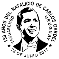 El matasello contiene una estampa de Carlos Gardel sobre la que alrededor se lee 