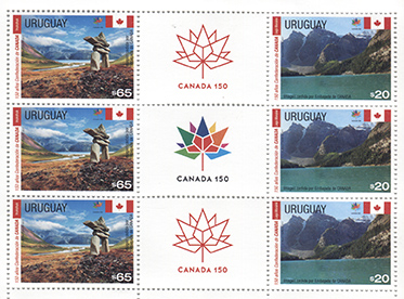 Los sellos muestran los lagos Moraine e Inukshuk. En el centro aparece el logo de la celebración de los 150 años de Canadá