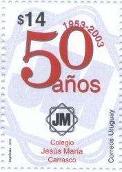 Dibujo de JM de fondo, y texto que dice 50 años, 1953 - 2003. Colegio Jesús María Carrasco.