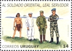 Ilustración de diferentes soldados a lo largo del tiempo. El primero es un charrúa, y luego hay otros soldados con diferentes vestimentas, todo de verde o camuflado.