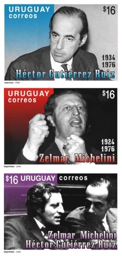 Tres recuadros: en el primero se ve la imagen de Héctor Gutiérrez Ruiz sobre fondo azul y gris, en el segundo el de Zelmar Michelini, sobre fondo rojo y negro, en el tercero la foto de ambos sobre fondo violeta y negro. Las fotografías están en blanco y negro.