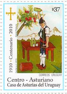 Ilustración de hombre asturiano escanciando sidra.