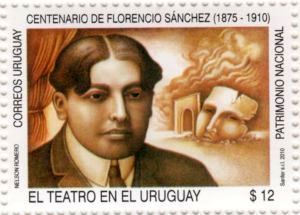 Ilustración de rostro de Florencio Sánchez en tonos de color bronce.
