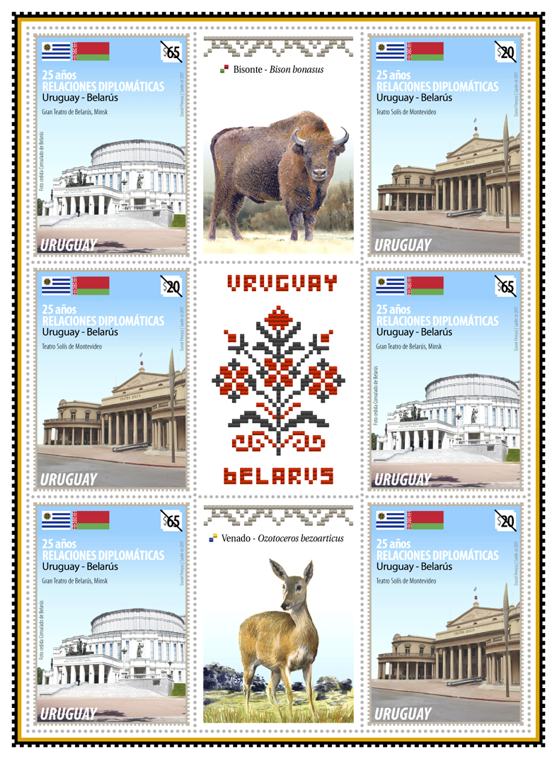 Gran Teatro de Belarús (Minsk), Teatro Solís (Montevideo) y las viñetas que la acompañan, el venado de campo y el bisonte europeo.