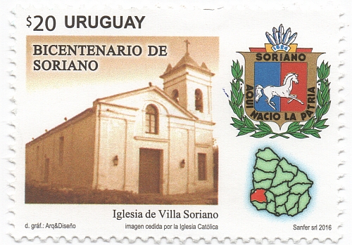 Iglesia de Villa Soriano, escudo de soriano y mapa político de Uruguay señalando a Soriano.