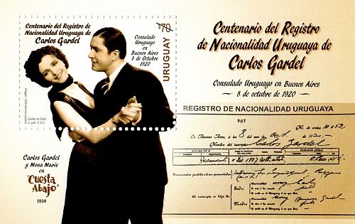 Carlos Gardel bailando tango y documento de registro de nacionalidad
