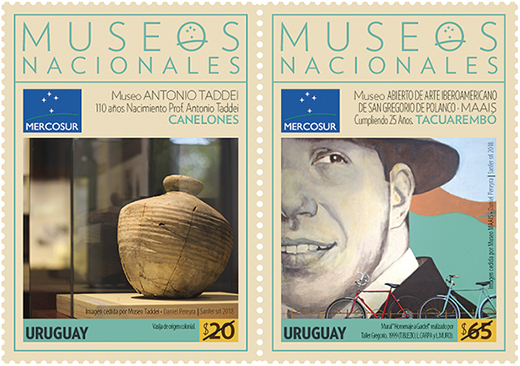 El sello de la izquierda (Canelones) muestra una vasija indígena, el de la derecha (Tacuarembó) un mural con la imagen de Carlos Gardel.