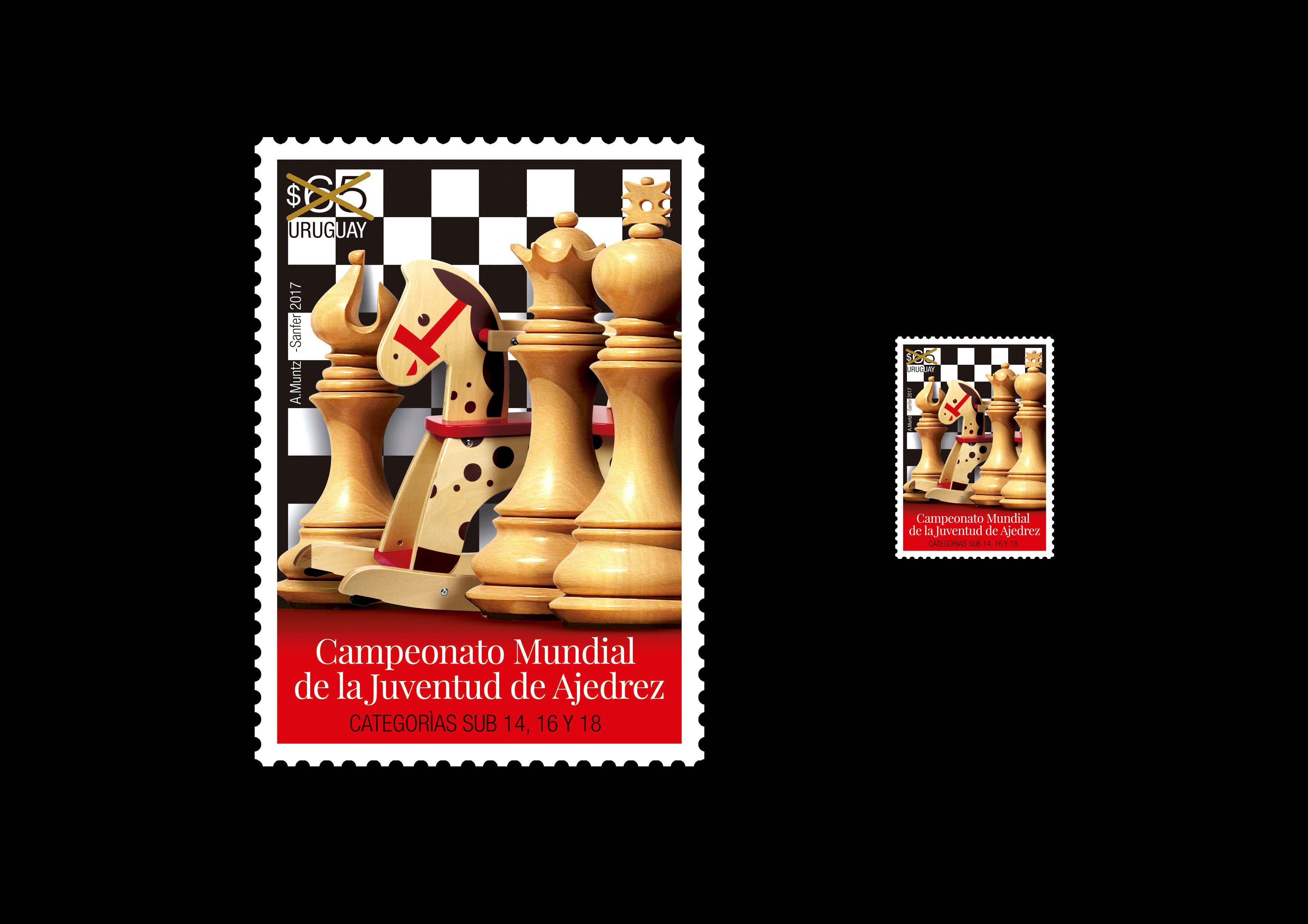 Imagen de cuatro piezas de ajedrez de madera vistas de perfil, una de ellas el caballo en vez de ser la típica figura de ajedrez es un caballo de juguete de madera para hamacarse. Las piezas están dispuestas sobre un fondo de tablero de ajedrez.