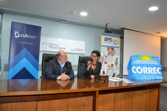 Presidente del directorio del BPS, Heber Galli, y presidenta de Correo Uruguayo, Solange Moreira.