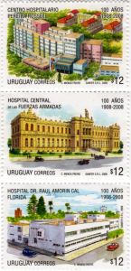 Ilustración de tres hospitales: Hospital Central de las FFAA,  Centro Hospitalario Pereira Rossell, Hospital Raul Amorín Cal (Florida)