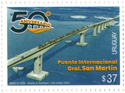 Sello conmemorativo 50 Años Puente Internacional San Martín - Fray Bentos