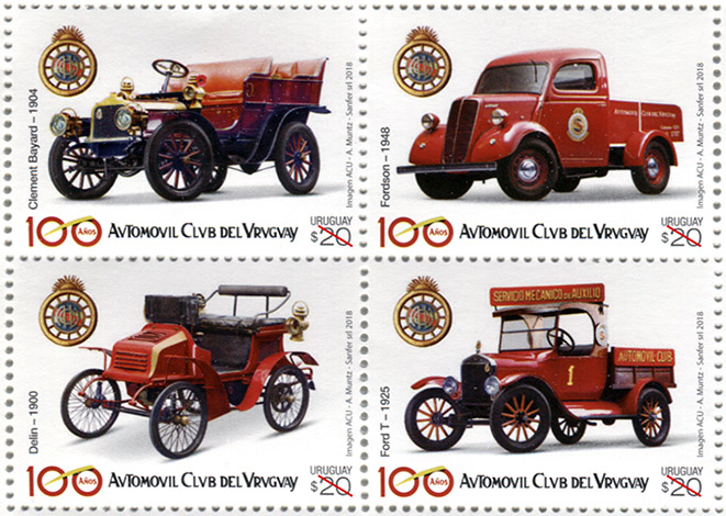 Logo de ACU y vehículos Clement Bayard (1904), Fordson (1948), Delin (1900) y Ford T (1925)