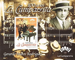 En la hoja se aprecia la imagen de Gerardo Matos Rodríguez y en el fondo el público de un concierto, también se incluye una partitura. En el centro se encuentra el sello 100 años de La Cumparsita.