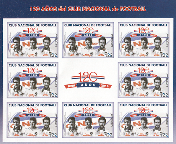 Logo de los 120 años de Nacional junto a imágenes de Luis Ubiña, Victor Espárrago y Hugo de León.