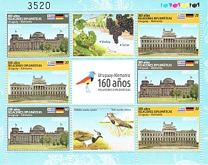 plancha de sellos 160 años de relaciones diplomáticas Uruguay-Alemania