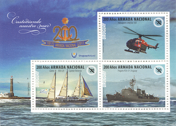 Tres sellos: Helicóptero MBB Bo 105, Goleta ROU 20 Capitán Miranda y Fragata ROU 01 Uruguay.