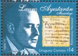 Rostro de Lauro Ayestarán, con partitura al costado.