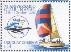 Dibujo de velero, con vela roja, azul y amarilla. Logo de Club Naval.