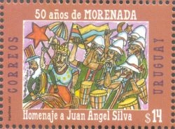 Dibujo colorido de una comparsa. En la parte inferior dice: Homenaje a Juan Ángel Silva.