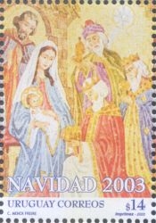 Ilustración de María, José y Jesús y reyes visitando a Jesús.