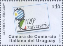 Ilustración de dos ruedas de engranaje que trabajan juntas. Una lleva en su interior a la bandera uruguaya y la otra a la bandera italiana.