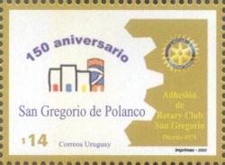 Dibujo de cuatro casitas. Al lado el logo de Rotary Club. Con la leyenda escrita debajo: Adhesión de Rotary Club San Gregorio.