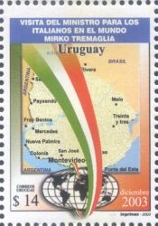 Mapa de Uruguay. Debajo una bandera italiana sale de un Mapamundi, específicamente de Italia, da la vuelta al mapamundi y pasa por encima del mapa de Uruguay.
