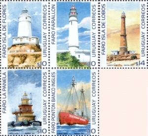 Ilustración de cinco faros uruguayos: el faro Isla de Flores, el faro Farallon, el faro Isla de Lobos, el faro La Panela y el Faro Pontion Banco Inglés.