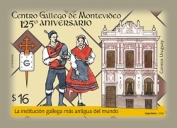 Ilustración de la Sede Social del Centro Gallego, al lado un hombre y mujer con vestimenta que identificaban la cultura gallega históricamente.