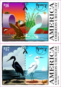 Ilustración que muestra la diferencia entre un ambiente sucio y uno limpio. En la mitad del sello se ve un caño del que sale agua contaminada y habita un roedor acompañado de un pájaro bañado en petróleo. En el siguiente se ve agua limpia, con una mariposa que revolotea y una pájaro de salud impecable.