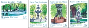 Ilustración de cuatro fuentes de Uruguay: la Fuente Cordier de Prado, la Fuente Plaza Constitución, la Fuente los Atletas de Parque Rodó y la Fuente Jardín Botánico.