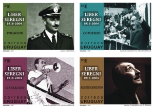 Fotografías de Liber Seregni en diferentes momentos de su vida, en blanco y negro, acompañada de la leyenda: 