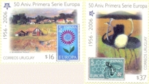 Ilustración de dos campos: uno con casas de dos aguas. El otro con ñandúes. Acompañado de dos sellos: uno con dibujo de flor y el otro con dibujo de abejas.