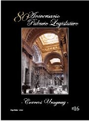 Fotografía del interior del Palacio Legislativa en marco negro. La inscripción dice: 80 Aniversario Palacio Legislativo.