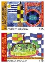 Dos dibujos de niños acerca del Estadio Centenario. La primera Ilustración es el número 75 formado por una bandera, la Torre de los homenajes con colores de Peñarol y el círculo del número cinco es el estadio visto desde arriba. La segunda es el estadio visto de costado, con un cielo formado por la bandera uruguaya. La inscripción dice: 