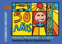 Ilustración realizada por Adrián Makowski de 11 años. En ella se ve un niño leyendo, letras que dicen 50 años y El Escolar. Un Sol y un sobre con ojos. Cada imagen se encuentra enmarcada en un recuadro o rectángulo.
