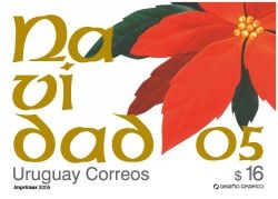 Ilustración de una flor roja con hojas verde oscura, al lado dice Navidad 05.