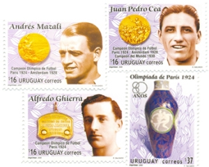 Ilustración de tres deportistas olímpicos: Pedro Cea, Andrés Mazali, Alfredo Ghierra junto a sus respectivas medallas.También hay una ilustración de un jarrón con dos atletas en el centro, de las Olímpiadas de París 1924.