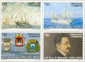 Ilustración de dos barcos: el primero dice Capitán Miranda 2006, en el segundo dice Capitán Miranda 1930. La imagen está acompañada por tres escudos: Cádiz, Capitán Miranda y Montevideo. También se visualiza una ilustración de C/N Francisco Miranda.