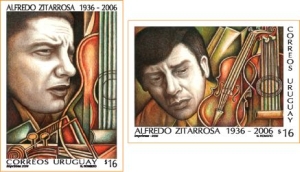 Dos ilustraciones del rostro de Alfredo Zitarrosa junto a unas guitarras en colores marrones, naranjas y verdes opacos.