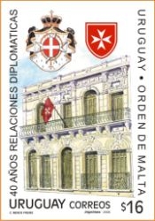 Ilustración de edificio Orden de Malta acompañado de escudos y símbolos de la orden.