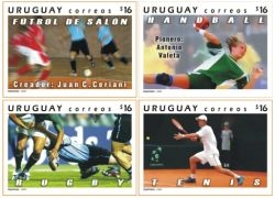 Imágenes de deportistas efectuando jugadas en: fútbol de salón, handball, rugby y tenis.