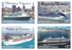La imagen se divide en cuatro fotografías de los cruceros: Costa Fortuna, Queen Mary 2, Zuderman y Star Princess que llegan al puerto de Punta del Este o de Montevideo.