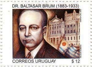 Ilustración de Baltasar Brum, de fondo se visualiza la bandera uruguaya y la fachada del Palacio Legislativo.
