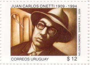 Ilustración de rostro de Juan Carlos Onetti en tonos cobre.