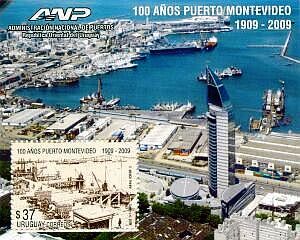 Fotografía área del puerto de Montevideo, sobre la misma una ilustración del puerto en época colonial.